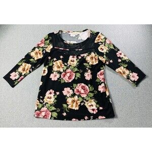 Front Of Closet Womens Top XS Black Pink Floral Sheer Mesh Insert 3/4 Sleeve